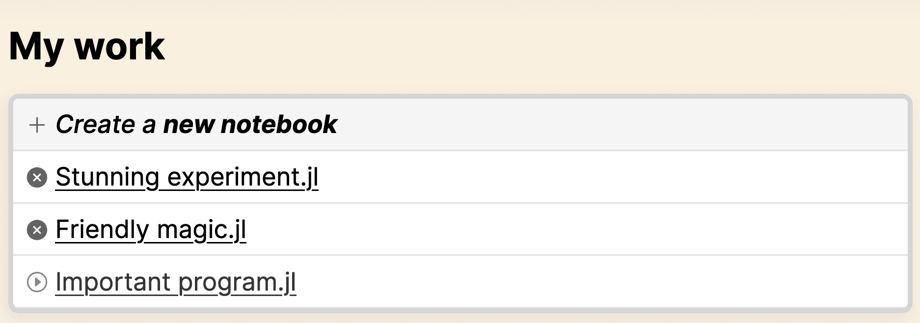 screenshot of the existing notebooks already open in the Pluto main menu